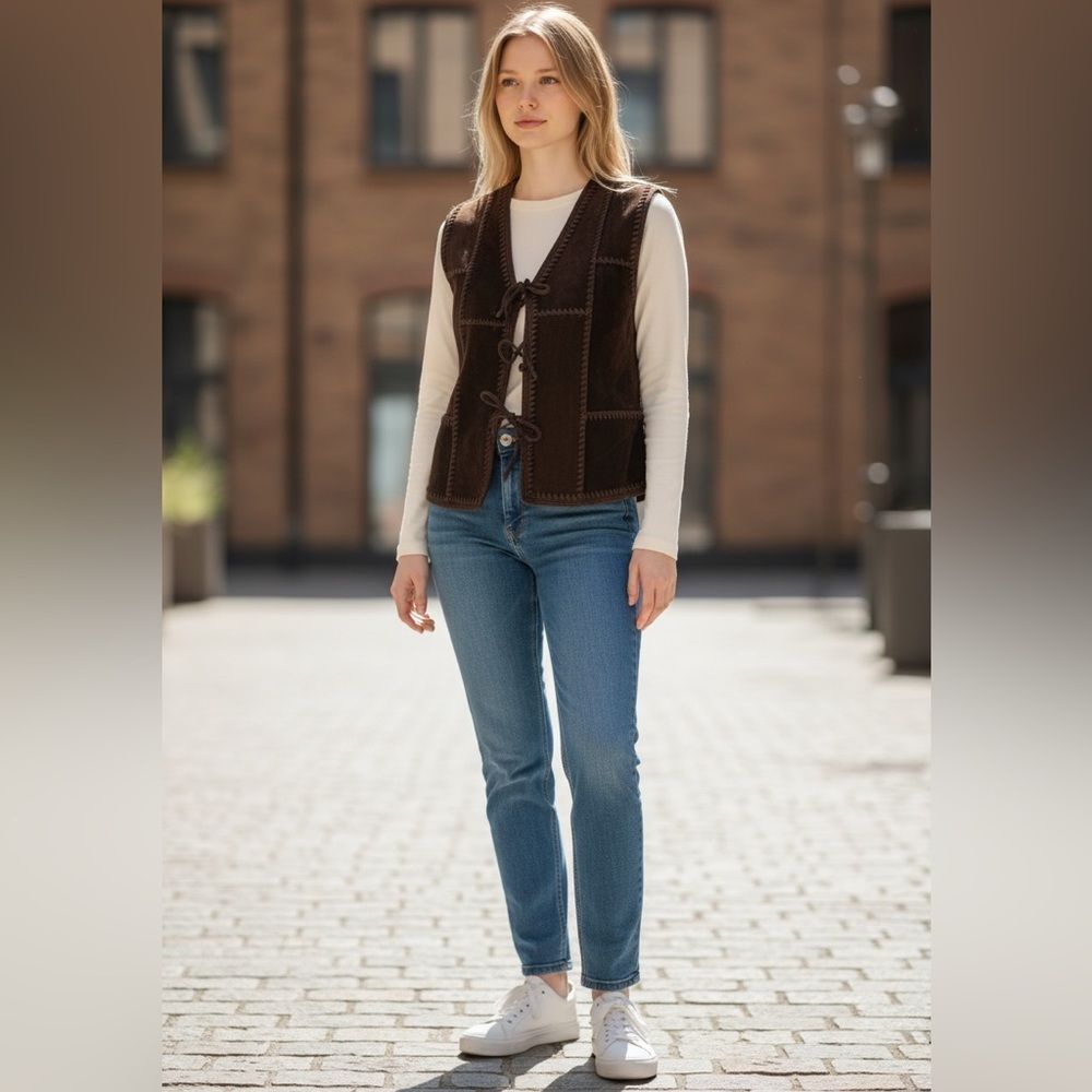 Modern Juniors Brown 100% Leather Suede Tie Front Western Vest Jacket M